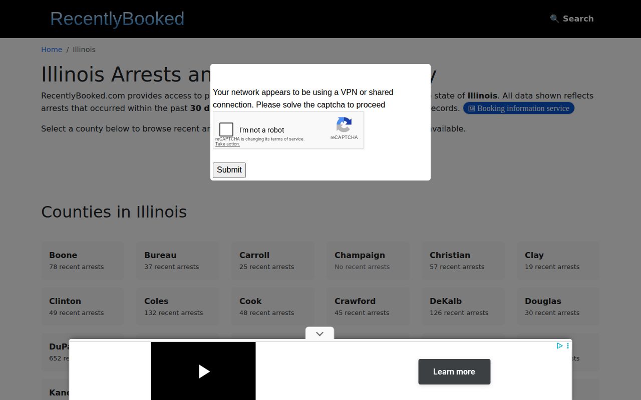 RecentlyBooked Illinois county directory showing the third-party coverage check for Jo Daviess