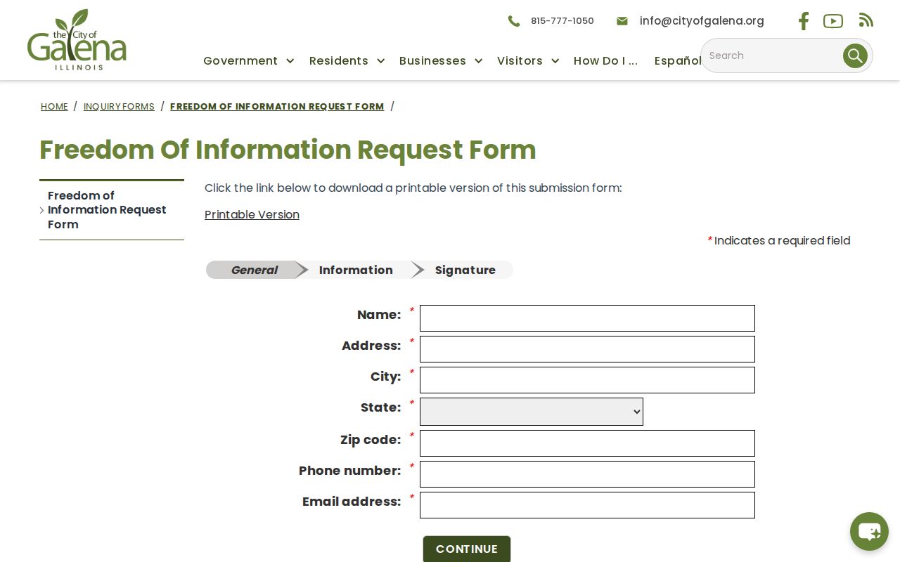 Galena Police official FOIA request form for city arrest records
