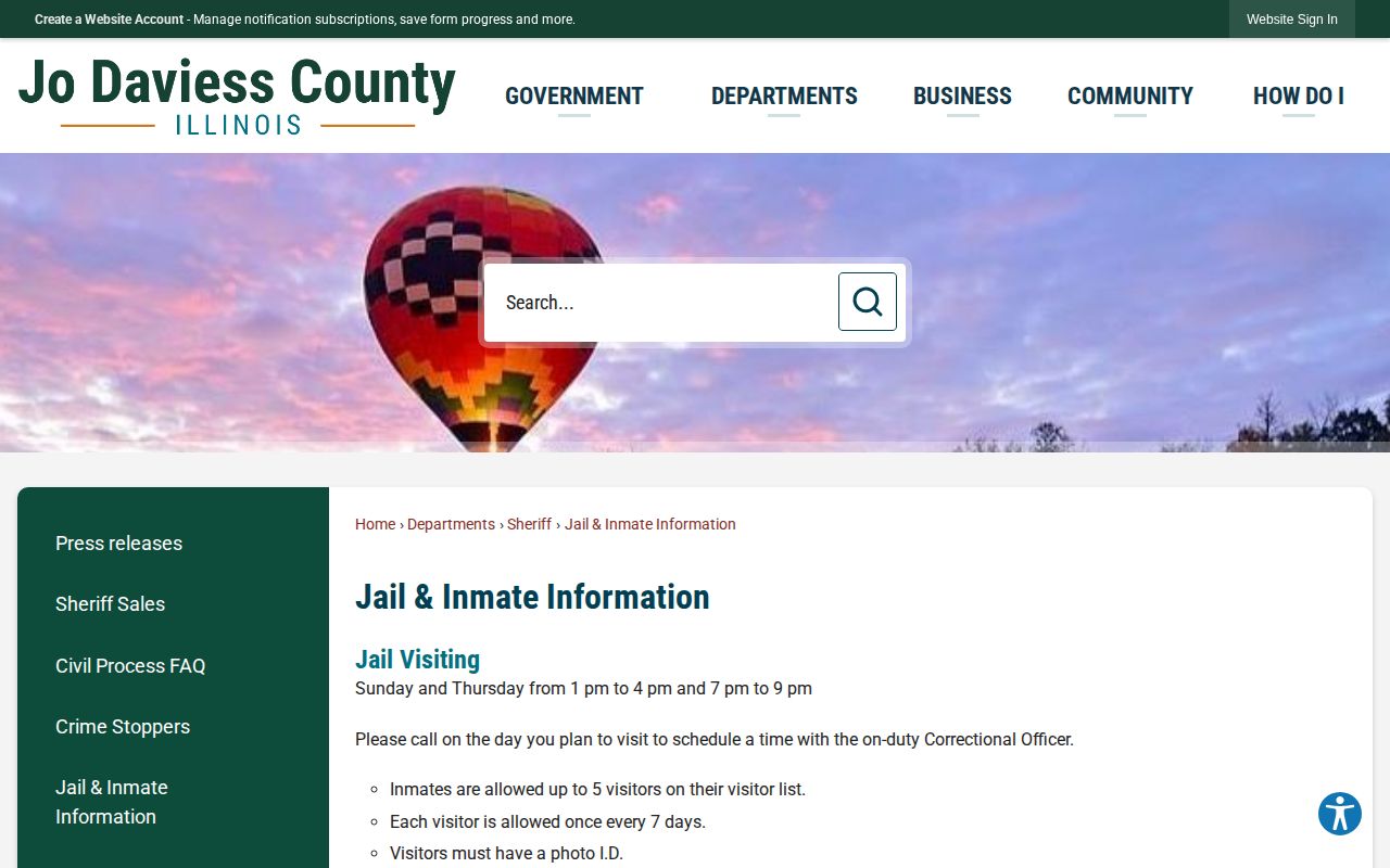 Jo Daviess County Jail and Inmate Information page showing official jail access options