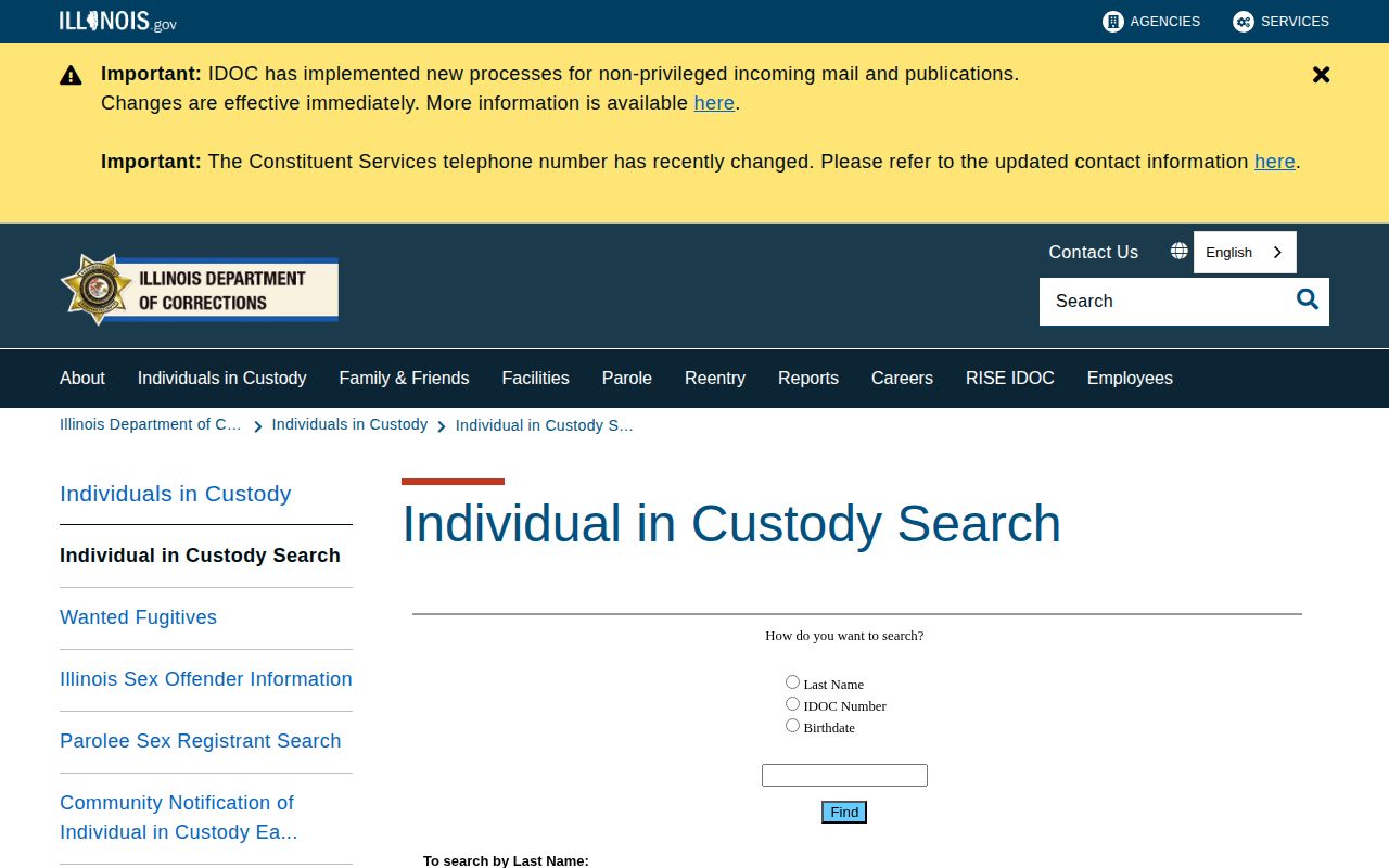 Illinois Department of Corrections individual in custody search for state-custody records